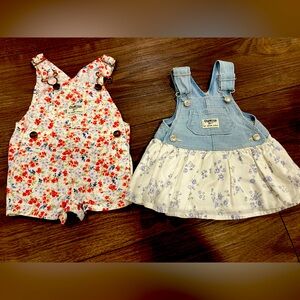 Two baby girls oshkosh outfits. Overalls and dress